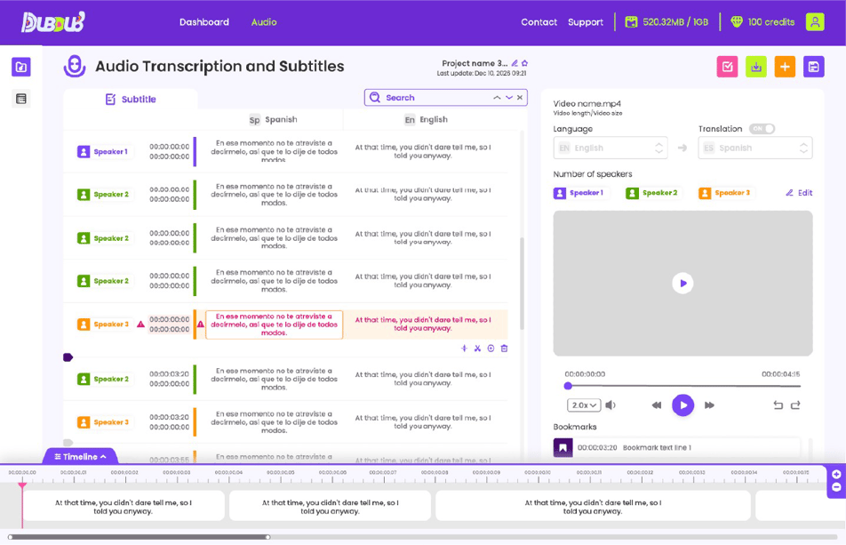 DUB-DUB.ai (pronounced dupdub) workflow: upload audio or video, receive AI transcript with speaker identification, generate subtitles in SRT or Word DOCx, export in 150+ languages